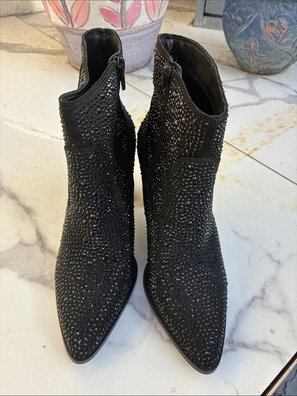 Crown Vintage Black rhinestone Embellished Pointed Toe Ankle Boots